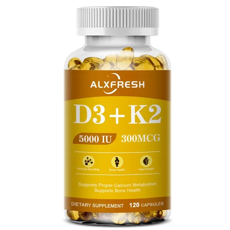 As cápsulas D3K2 apoiam a absorção de cálcio, fortalecem a saúde dos ossos e dos dentes e protegem os sistemas cardiovascular e imunológico