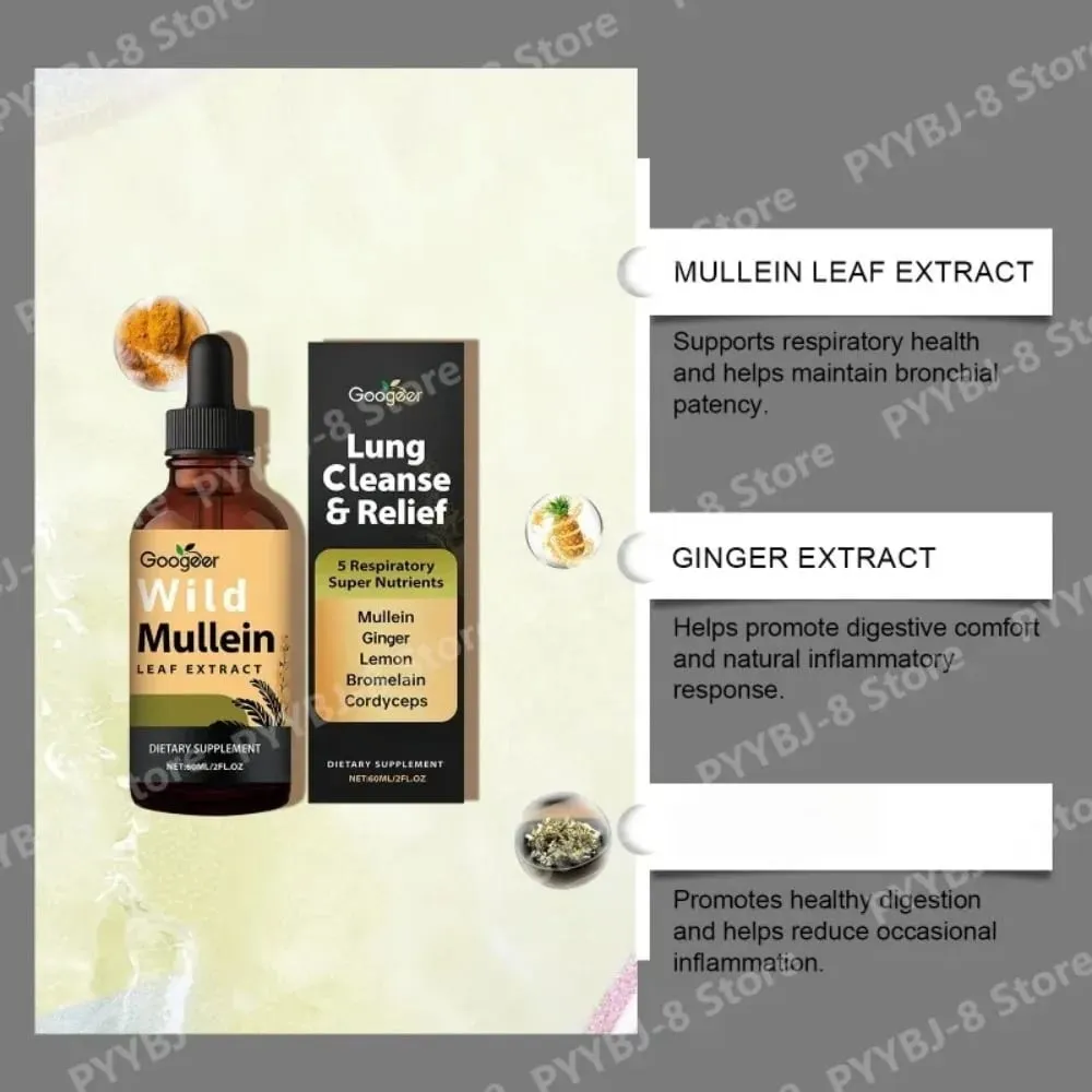 Gotas de extrato de folha de verbasco selvagem com casca de gengibre e limão 60ml suplemento líquido de ervas para bem-estar e conforto respiratório diário