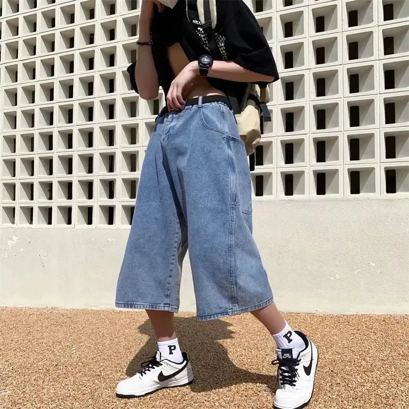 Jeans Pants Men Summer Short Jeans Big-Pockets Breeches Hip Hop Streetwear Baggy Denim Shorts Casual Wide-Leg Capris Pants