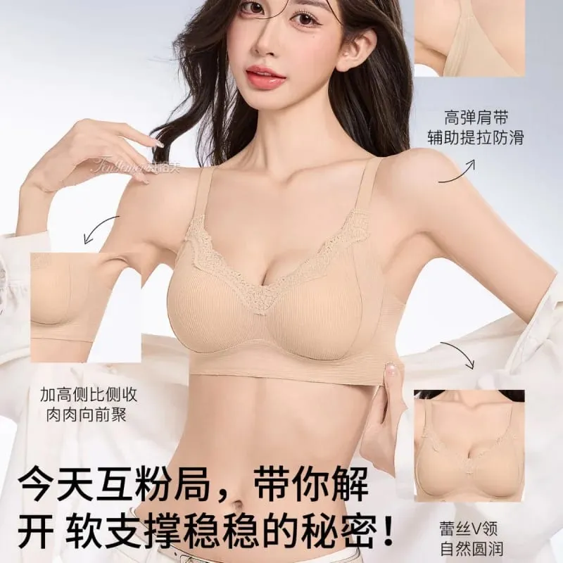 Lingerie feminina para bustos pequenos, fina, sem costura, invisível, confortável, sem fio, com suporte lateral para os seios e sutiã anti-flacidez