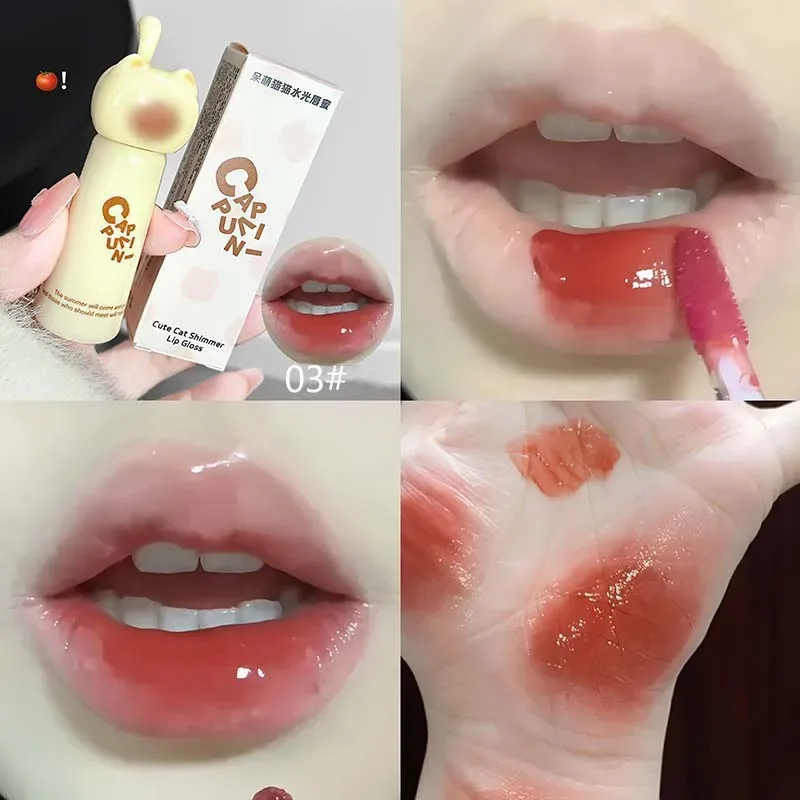 Gato bonito espelho de água brilho labial hidratante duradouro rosa damasco matiz labial esmalte nude batom coreano maquiagem menina