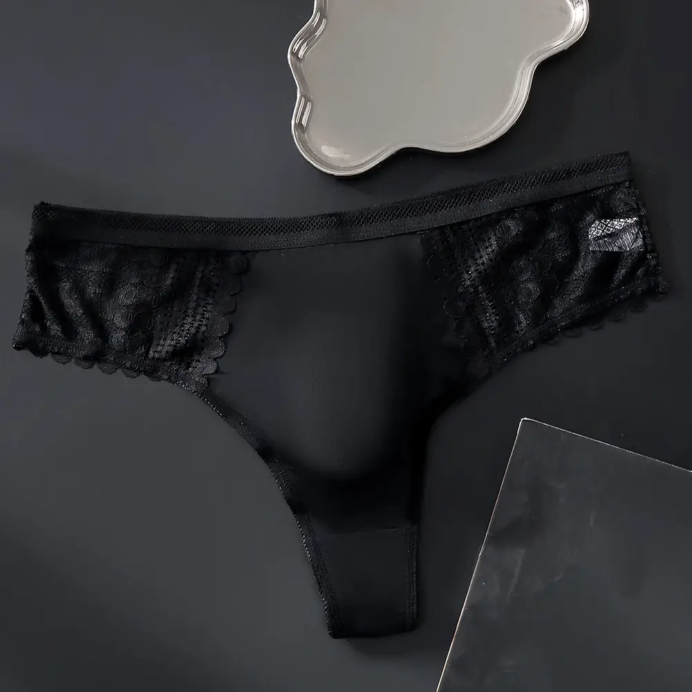 1pc Men's Sexy Lace Briefs Seamless Ice Silk G-String Underwear 3D Bulge Pouch Solid Thong High Elastic Breathable Panties