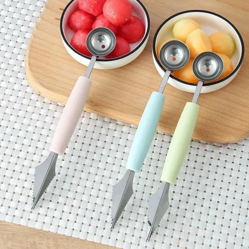 Colher de frutas escavação dupla cabeça de aço inoxidável portátil multifuncional melão baller colher diy prato frutas ferramenta bola tmz