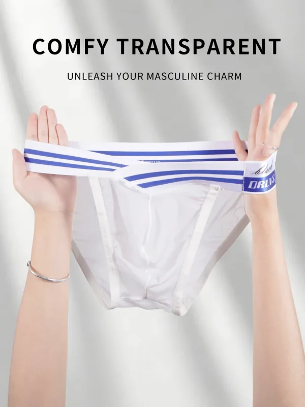 Men's Ice Silk Ultra-Thin Barely-There Mesh Sheer Briefs, Striped V-Shape Elastic Waistband Summer Daily Commute Underwear
