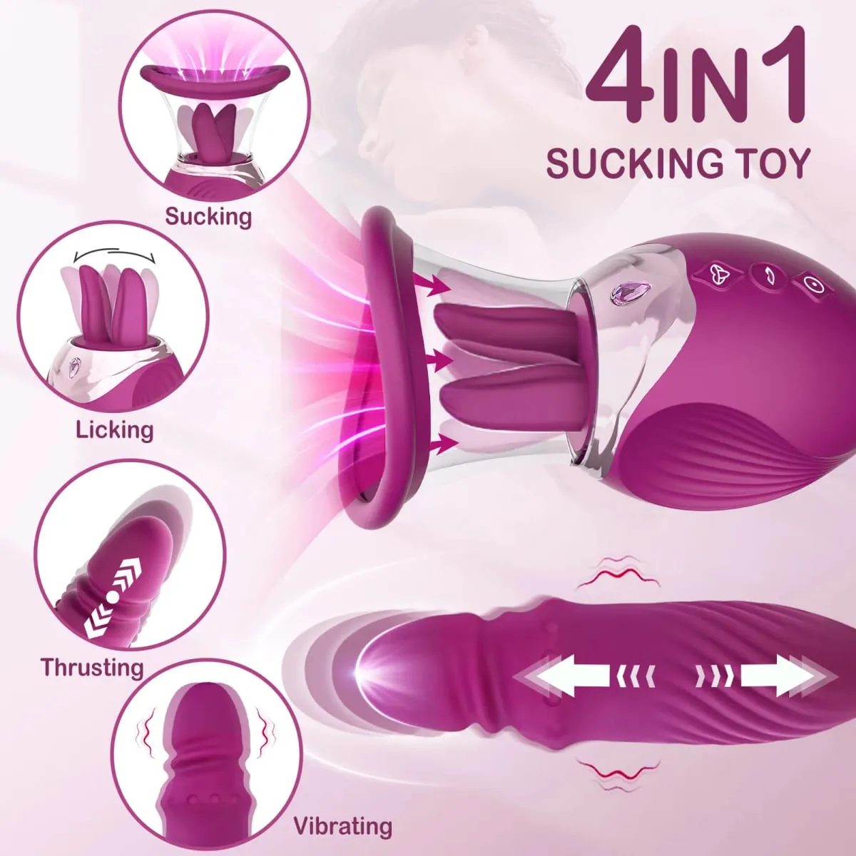 Vibrador rosa 4 em 1 para mulheres, vibrador de impulso do ponto g com funções de sucção do mamilo do clitóris, brinquedo sexual adulto