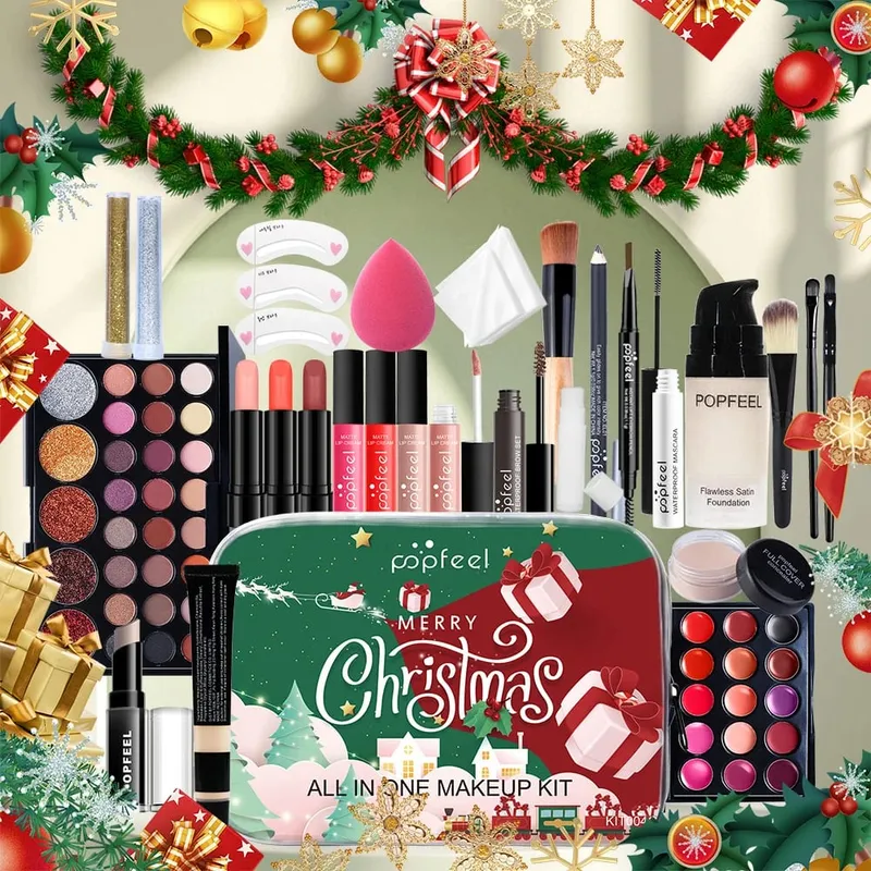 Conjunto de maquiagem de Natal - coleção completa de batom base de sombra para celebrações de feriados e glamour do dia a dia
