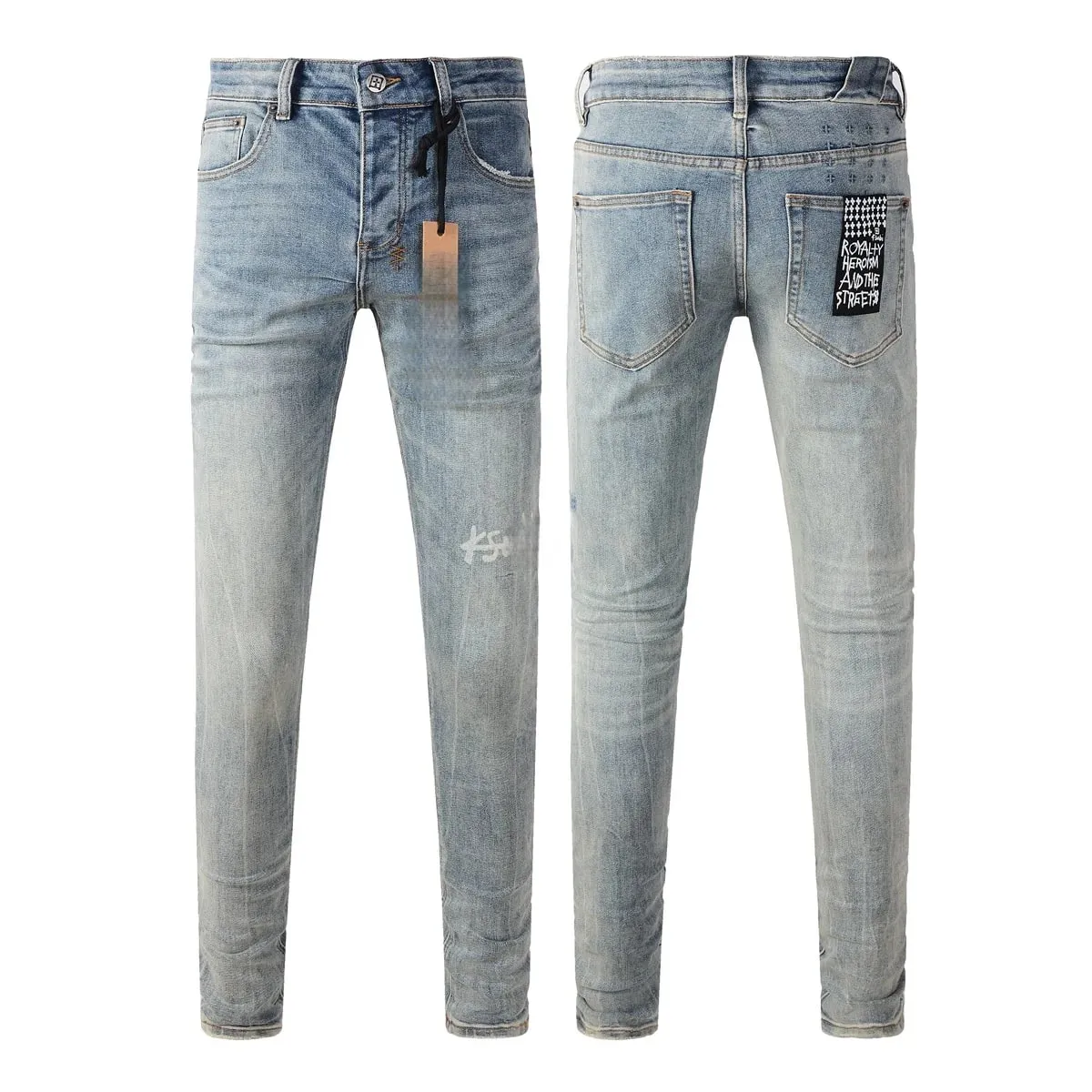 Jeans masculino high street light azul lavado desgastado com letras bordadas botão mosca adequado para todas as estações