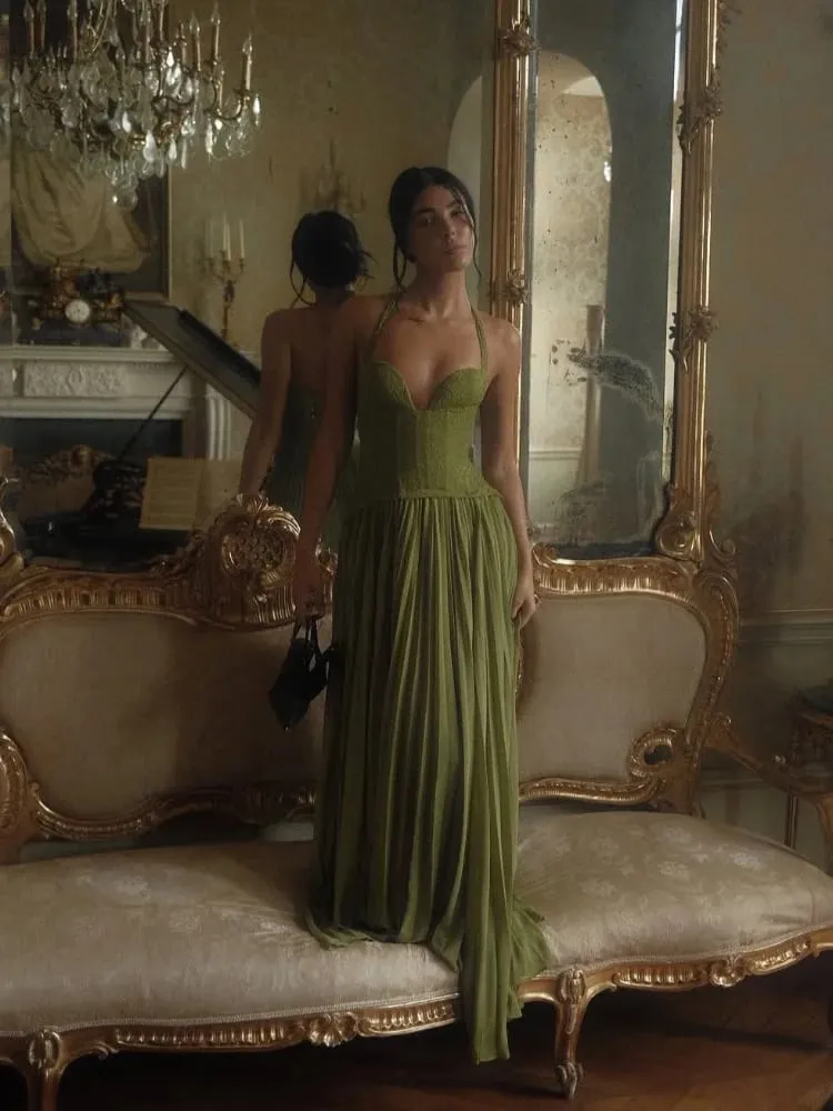 Chique verde espinha de peixe halter vestido longo senhora sexy sólido sem costas plissado fora do ombro vestidos de linha a 2026 novo vestido de festa de natal