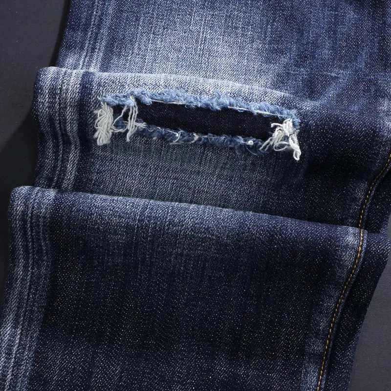 High Street Retro Blue Elastic Split Style Jeans for Men Hip-Hop Designer Embroidery Brand Tight Fit Casual Pants