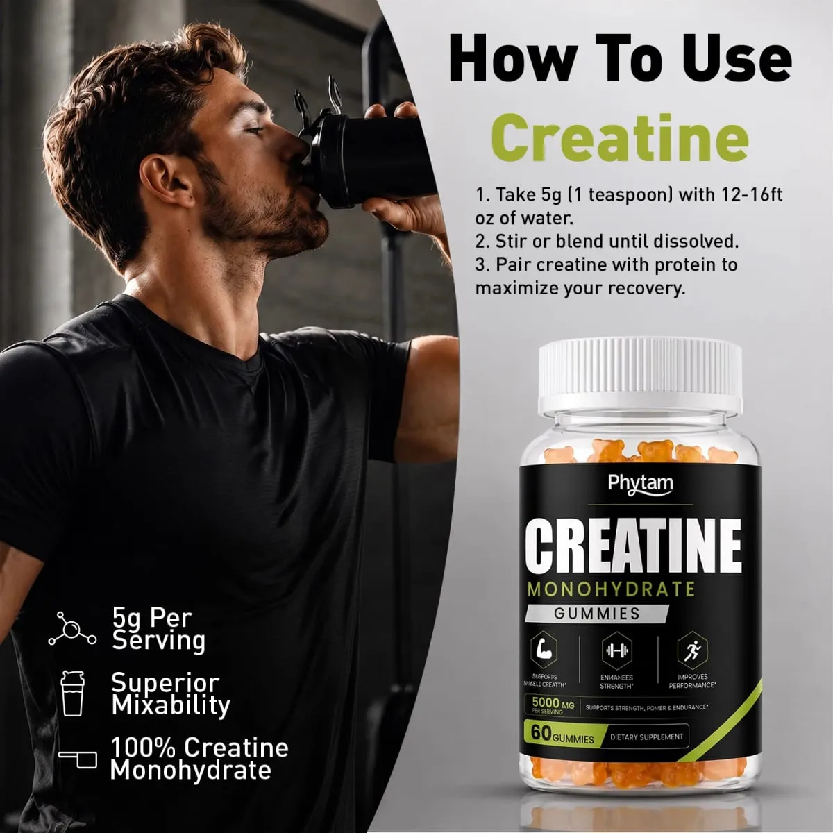 5000mg Creatina Monohidratada Bear Gummies 60 Count Mastigável Suplemento Nutricional de Treino Diário Suporta Desempenho Atlético e Manutenção Muscular
