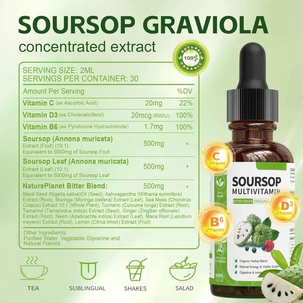Suplemento à base de plantas de extrato de ervas em gotas líquidas de graviola com mistura de frutas e folhas de graviola, fórmula diária de bem-estar vegano