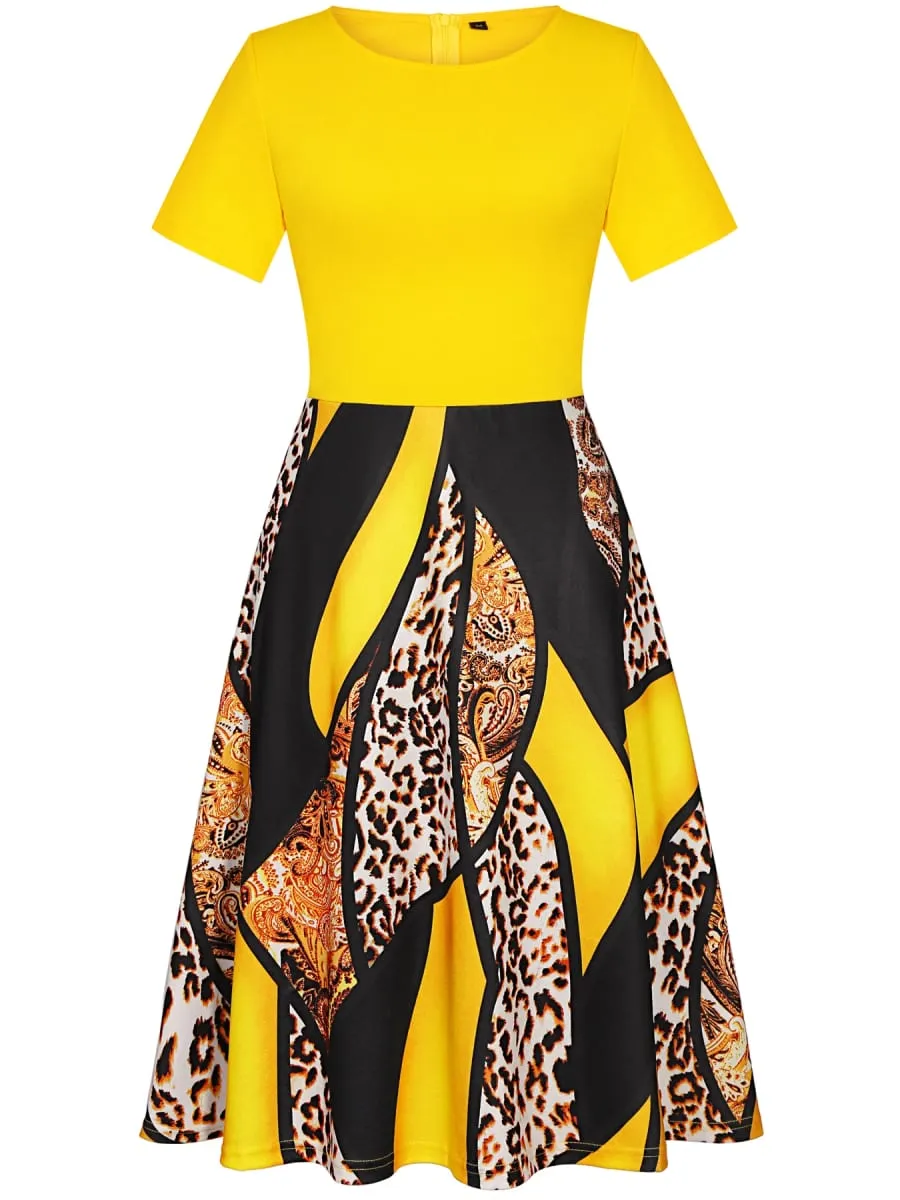 Vestido feminino manga curta elegante floral trabalho escritório linha A patchwork midi casual festa slim fit e flare vestido evasê