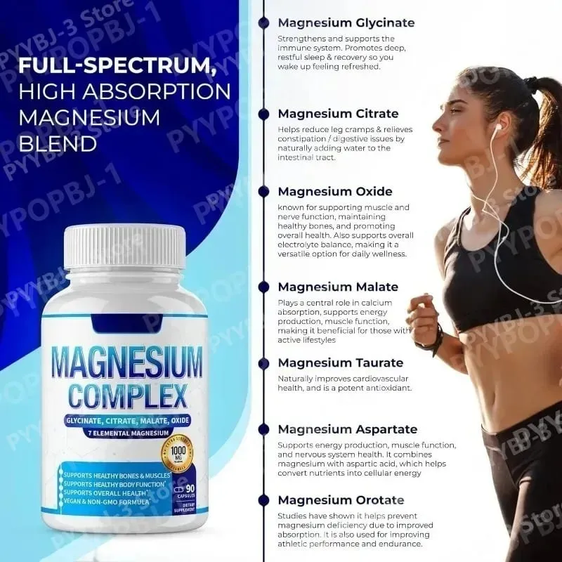 Cápsula de complexo de magnésio de 90 peças contém 7 ingredientes - citrato de glicinato e malato, etc. 1000 mg de suporte nutricional para a saúde