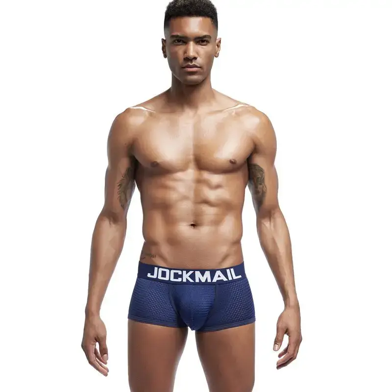 Jockmail Boxers Sexy Mens Panties Mesh Quick-drying Breathable Calzoncillos Solid Color Simple Boxers Hombre Semi-transparent