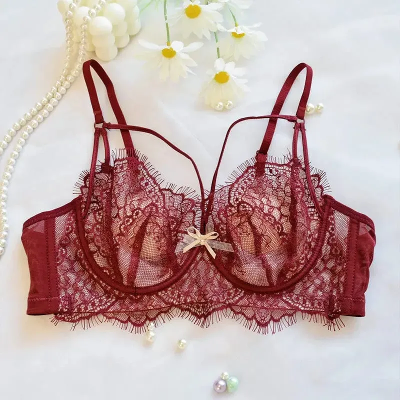 Coreano tendência quente puro desejo conjunto de sutiã de renda underwire copo fino push up grande busto visualmente pequeno anti droop lingerie 32-38 quente — image 9