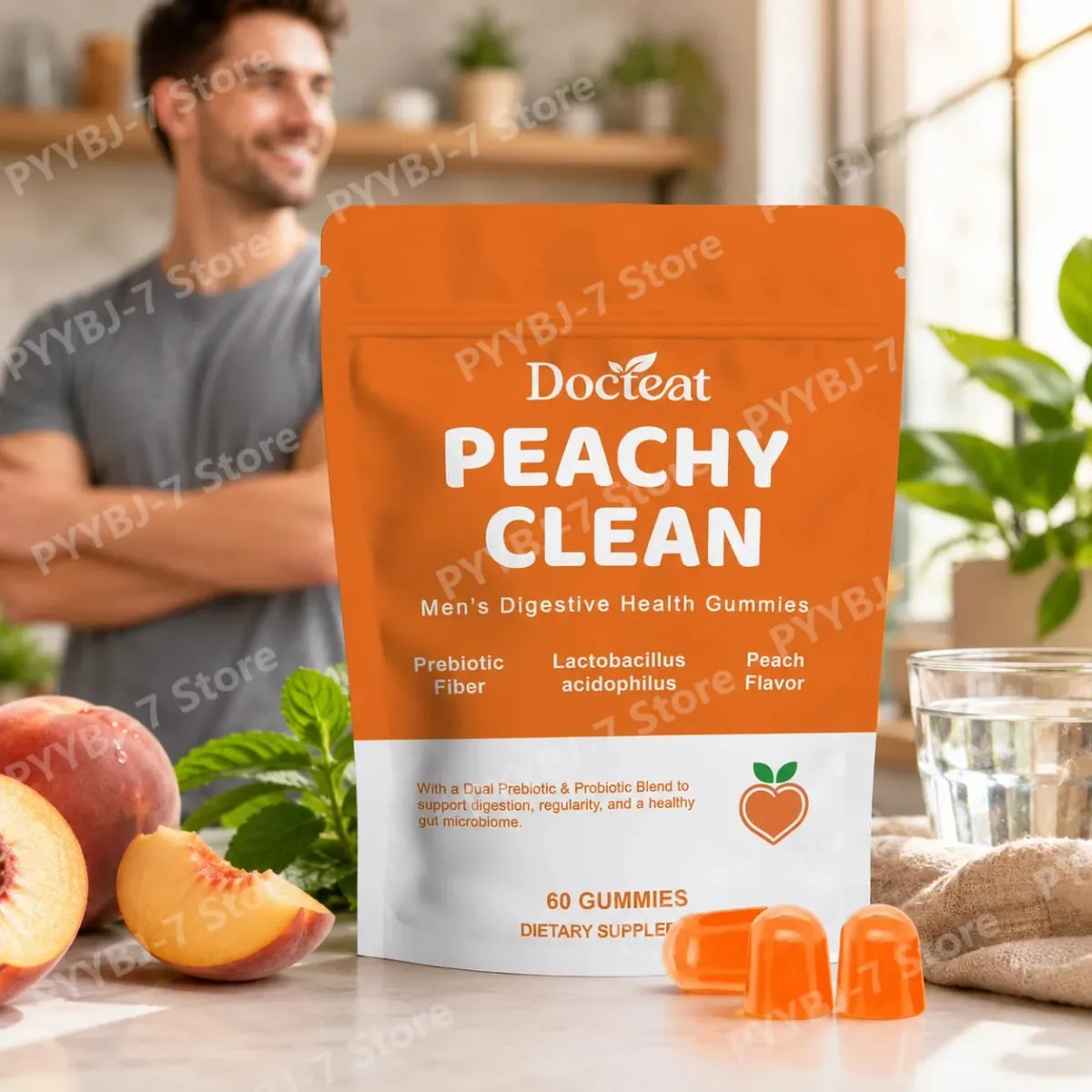 Gomas para saúde digestiva masculina - mistura de prebióticos e probióticos - sabor pêssego apoia a saúde intestinal masculina diariamente