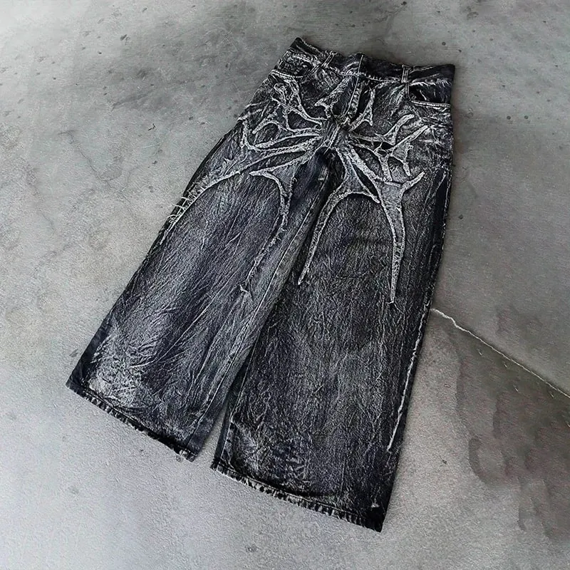 Y2k retro oversized baggy unissex esfregar calças fantasma jeans homens alta rua aranha bordado remendo hip hop streetwear gótico
