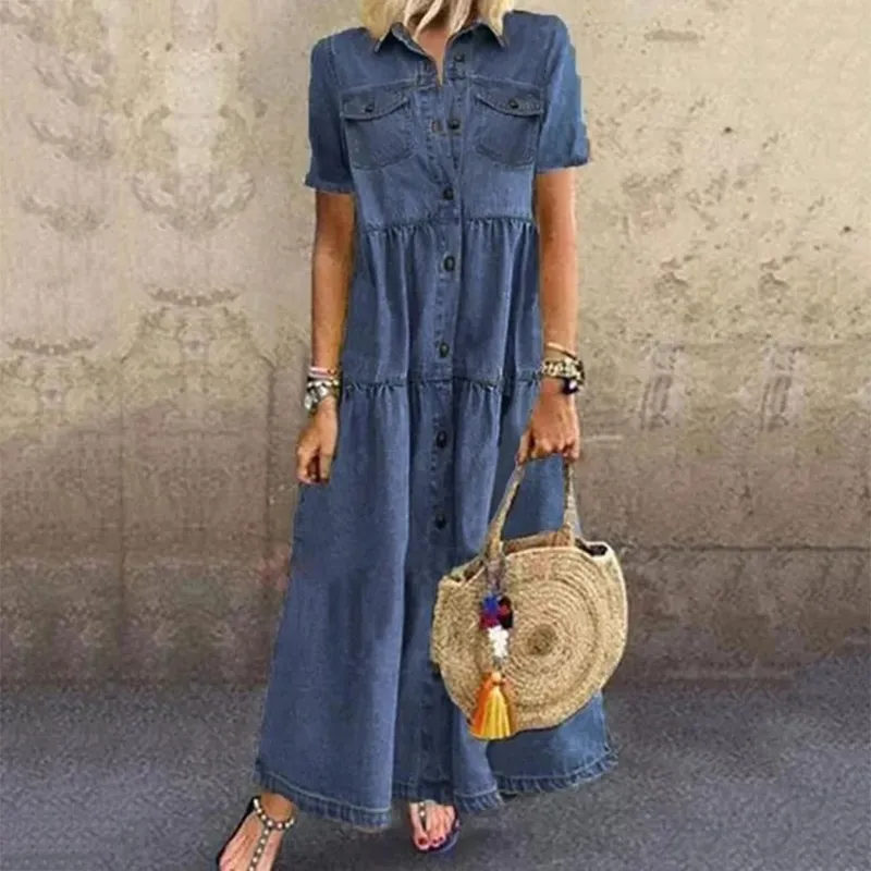 復古女洋裝2022短袖翻領口袋扣長版寬鬆牛仔洋裝夏季長連身裙 — image 5