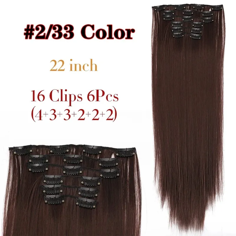 Black Clip In Extensions Straight 22" Long Synthetic Thick Clips On Hair Piece For Women 6Pcs/Set Curly Full Head Weddings Daily