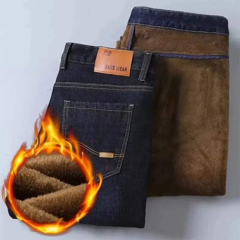 Calça jeans masculina refletiva com forro de lã – forro grosso e quente, jeans durável e acabamento reflexivo, seguro para viagens noturnas de inverno e casual