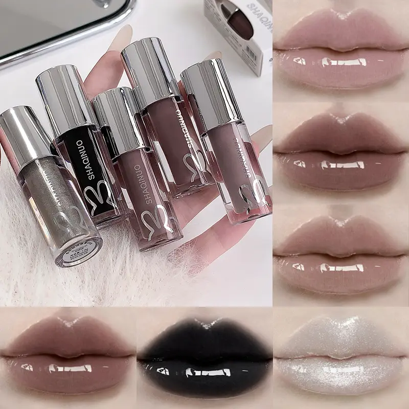 Espelho aguado brilho labial duradouro hidratante matiz labial fresco preto prata cinza pérola fino espumante batom maquiagem cosméticos