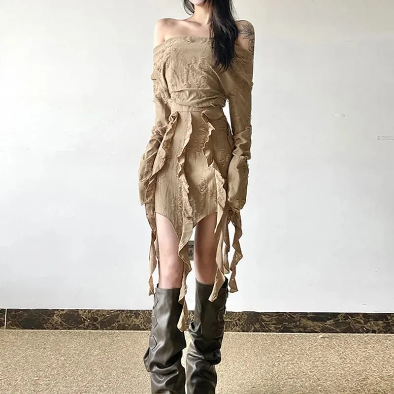 One-shoulder Long-sleeved Dress with Frilly Hem and Irregular Pattern - Simple Solid Waist-length Skirt maxi dresses for women