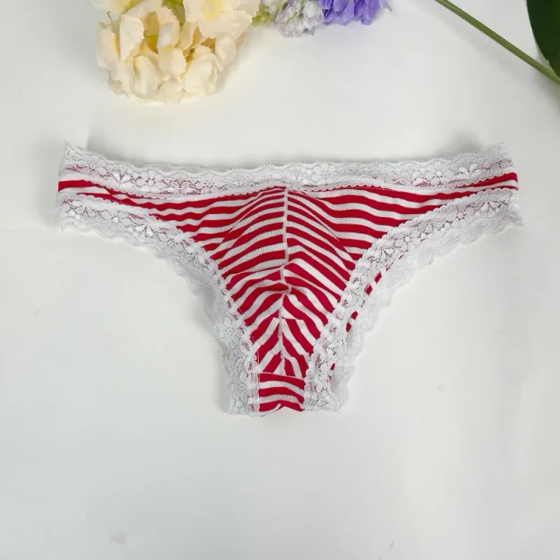 Homens rendas guarnição listrado g-string roupa interior meia coberta bunda baixa cintura respirável sexy u bulge bolsa confortável tong — image 9