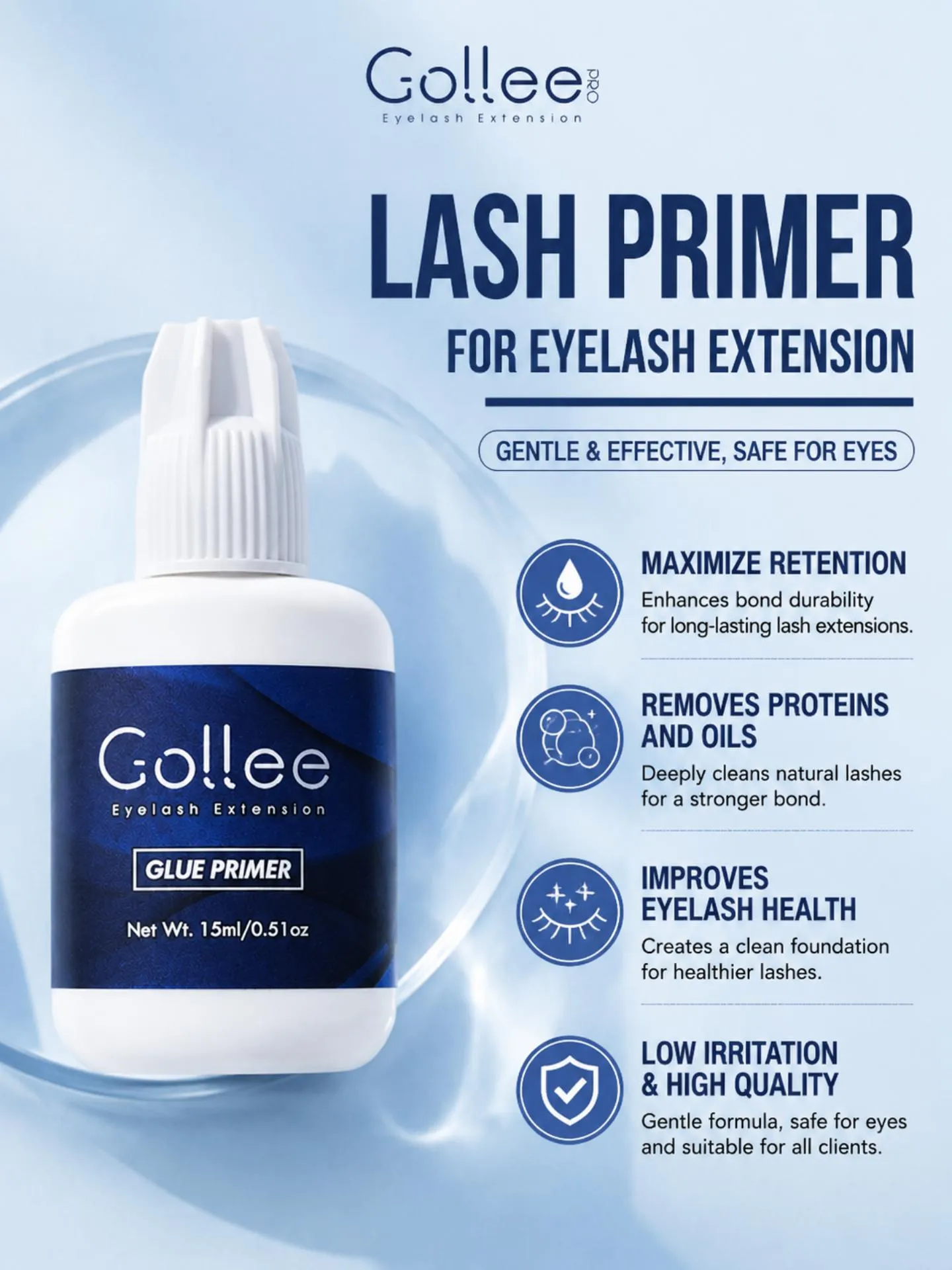 Gollee kit de cola para extensão de cílios, primer 3 em 1, cola fina de secagem rápida, 5ml, 15ml, primer, 200 peças, lenços umedecidos, conjunto de salão de tecnologia