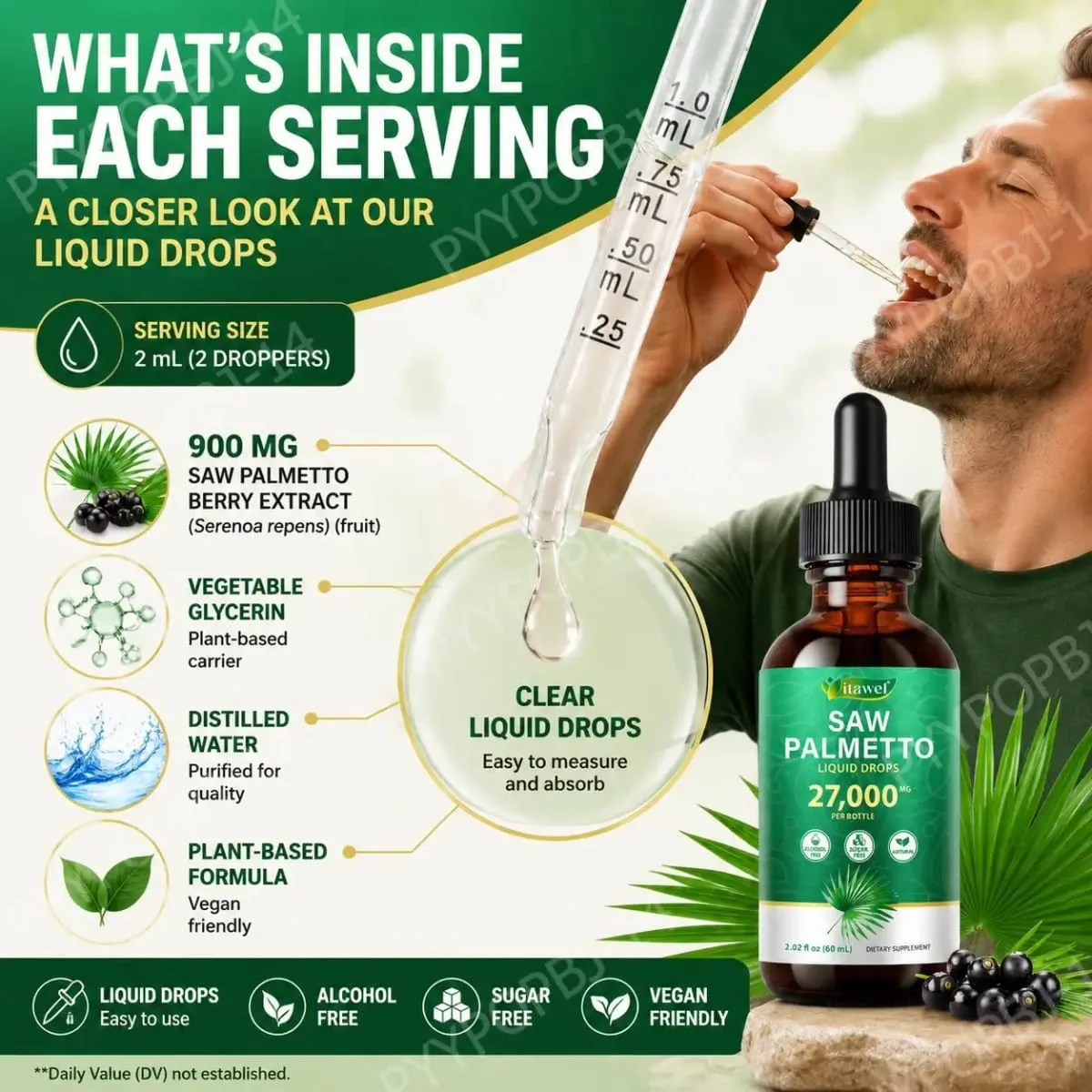 Itawel Saw Palmetto Gotas Líquidas Suporte à Saúde da Próstata Função Urinária Suporte OGM Livre de Parabenos Livre de Açúcar Vegan 60 ML