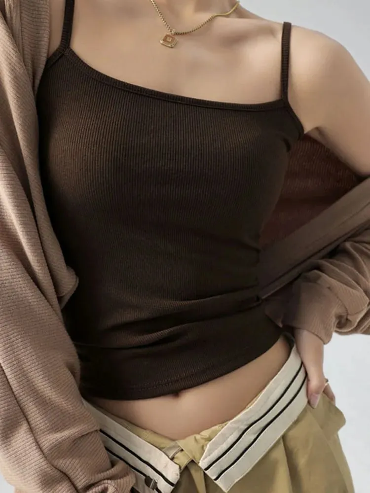 Regata feminina básica sem mangas de verão com alça espaguete slim fit elástica de malha de cor sólida