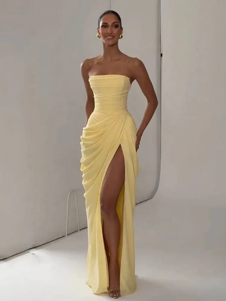 여성 섹시 솔리드 Pleated 드레스 레이디 세련된 오프 어깨 Backless Strapless 높은 허리 분할 드레스 2026 여름 저녁 파티 가운