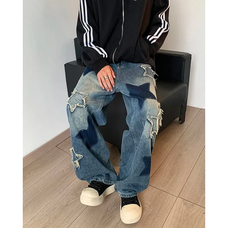 牛仔褲男直筒星星刺繡拼裝秋季牛仔褲Uomo闊腿嘻哈時尚青年中性街頭牛仔長褲