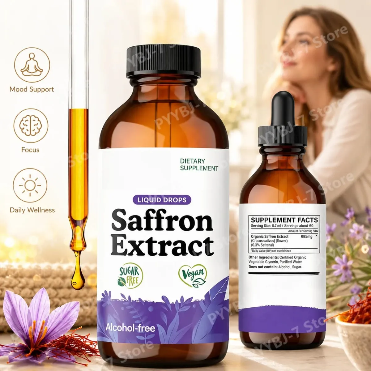Extrato líquido de açafrão orgânico cai suplemento de ervas à base de plantas vegan, sem açúcar e sem álcool 60ml suplementos diários de saúde
