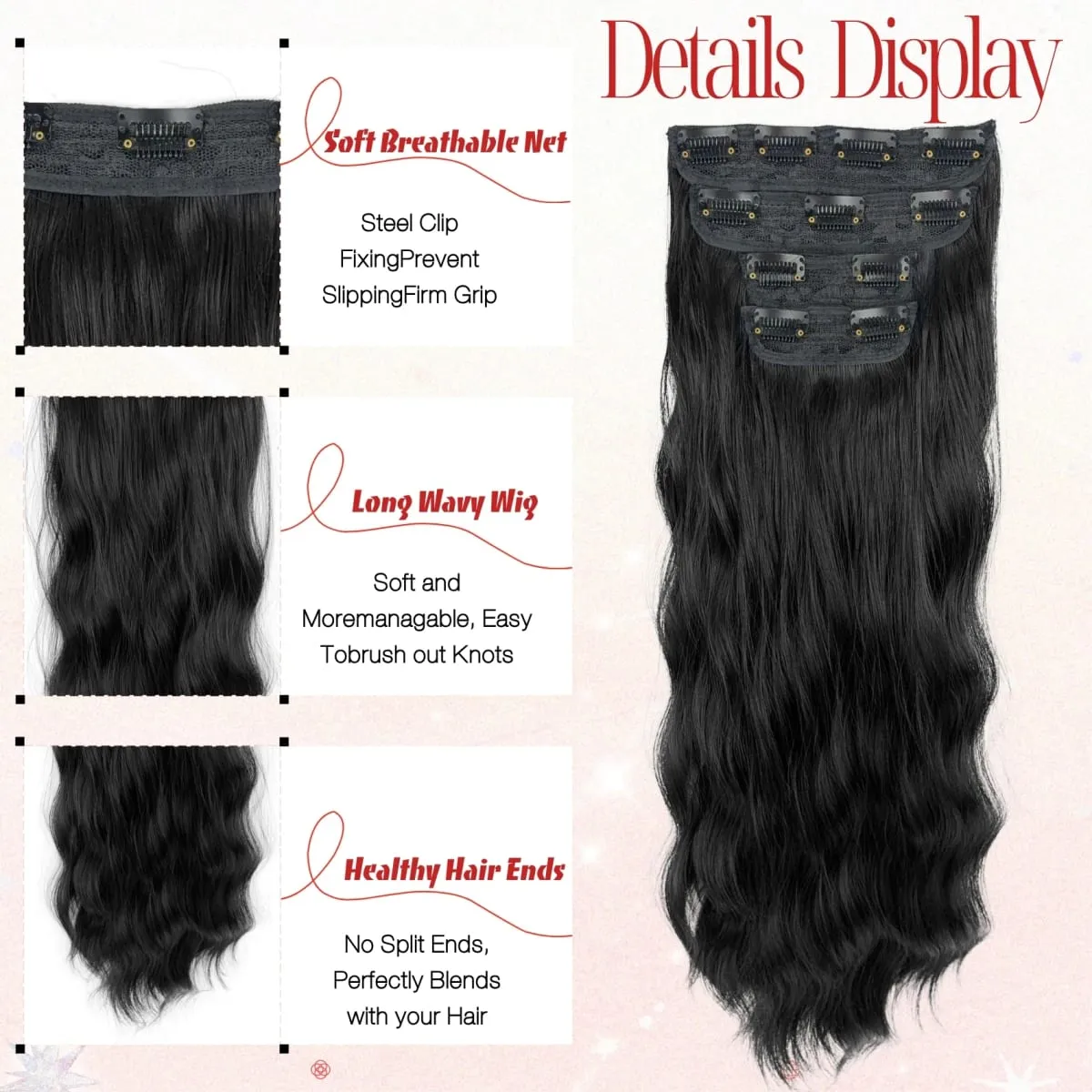 Conjunto de 4 peças de extensões de peruca sintética feminina, longo, ondulado, grosso, peças de peruca volumosa