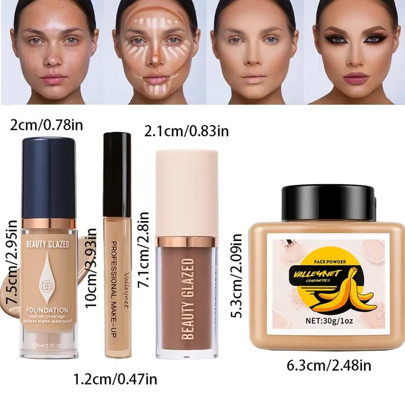 4pcs Face Makeup Set:High-Coverage Concealer Lightweight Foundation 3D Contouring Cream And Oil-Controlling Setting Powder