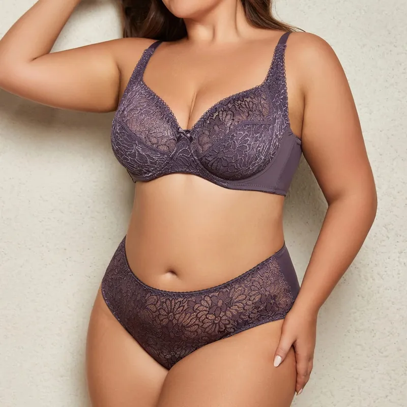 Female Big Size Lace Lingerie Set Bra with Wire Unlined Thin Breathable Bra and Panties Set 85C-110E