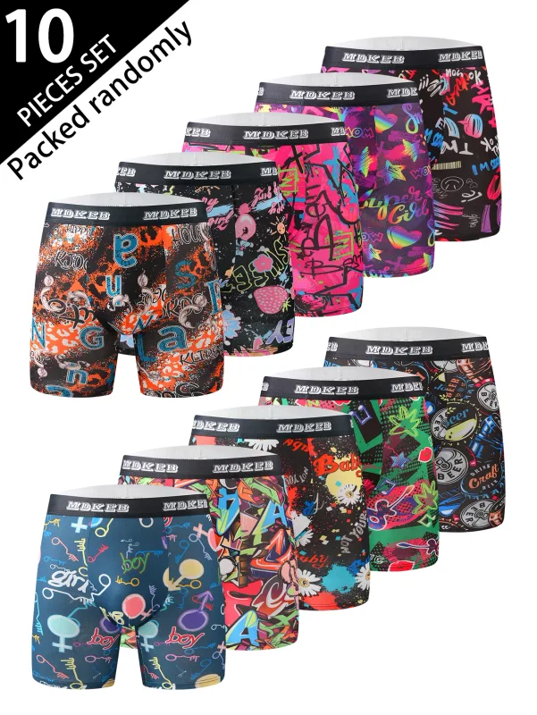 Ten-piece mixed men's graffiti pattern long boxer briefs, breathable and comfortable high-elasticity long boxer briefs, boxing