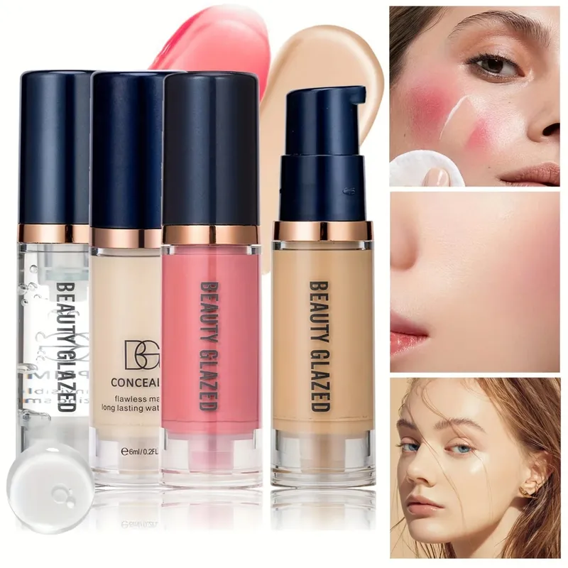 Conjunto de 4 peças de primer + corretivo + base líquida + blush líquido fosco veludo à prova d'água base blush maquiagem para viagens