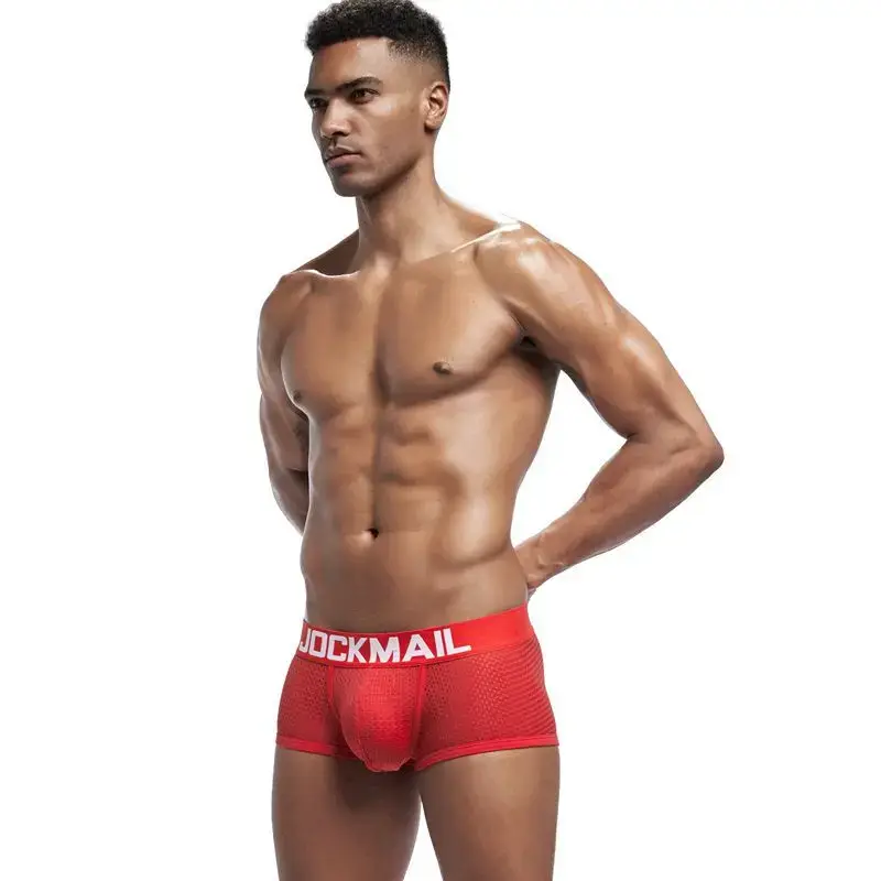 Jockmail Boxers Sexy Mens Panties Mesh Quick-drying Breathable Calzoncillos Solid Color Simple Boxers Hombre Semi-transparent