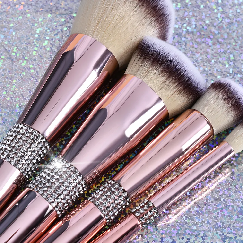Novo 14 pçs luxo rosa ouro bling strass pincéis de maquiagem conjunto brilho diamante vegan conjunto de escova de maquiagem com strass — image 4