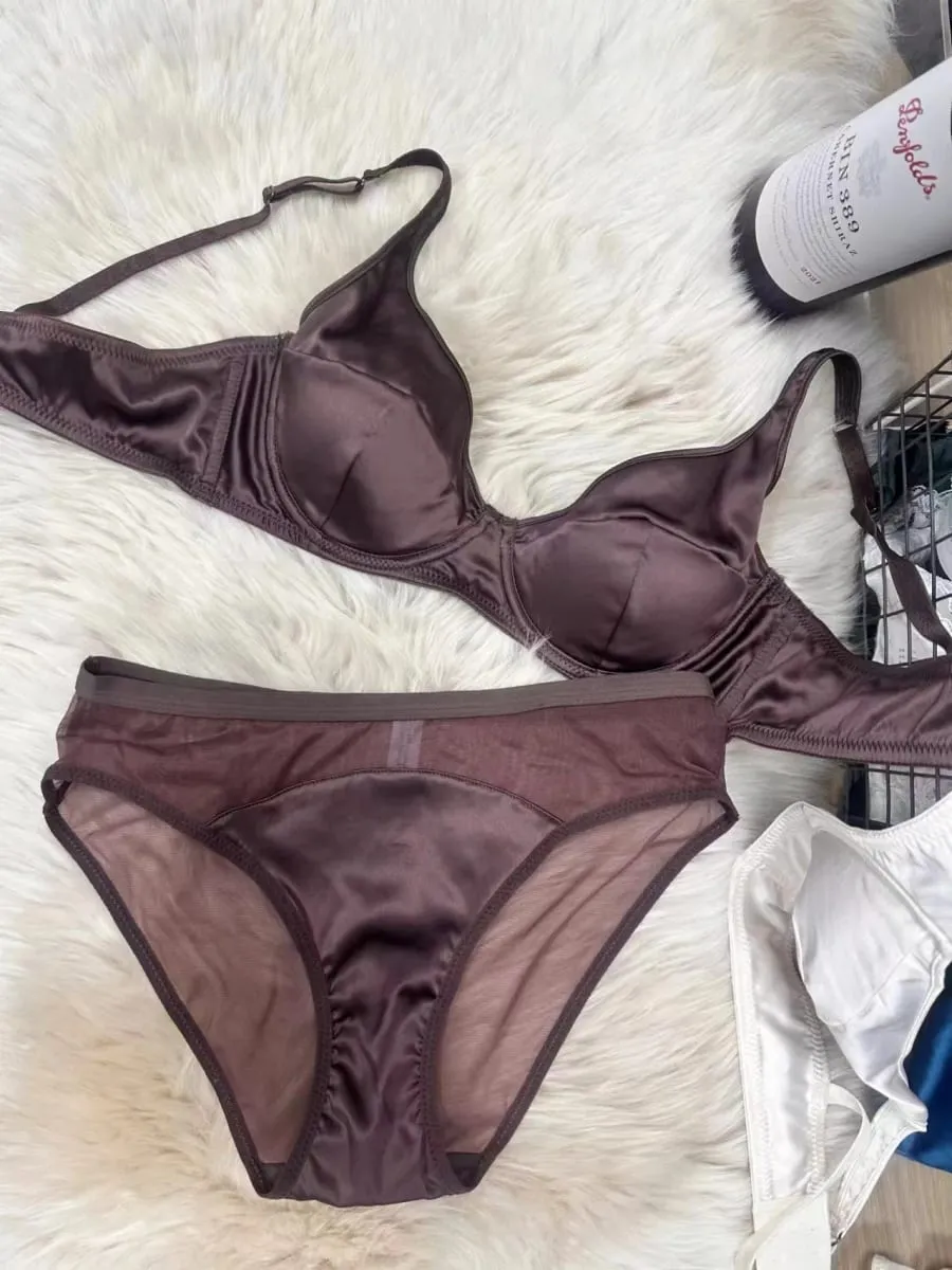 Conjunto de sutiã de cetim reunido, roupa íntima fina e confortável que não deixa marcas, seios grandes mostram pequeno push up lingerie briefs terno