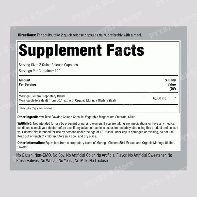 Suplemento de Moringa Oleifera 6000mg Extrato de Folha Concentrado Suporta Saúde e Bem-Estar Geral Não OGM 240 Cápsulas para Adultos