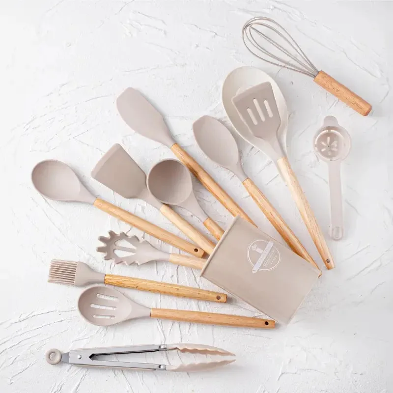 Conjunto de utensílios de silicone 14 unidades com suporte de plástico