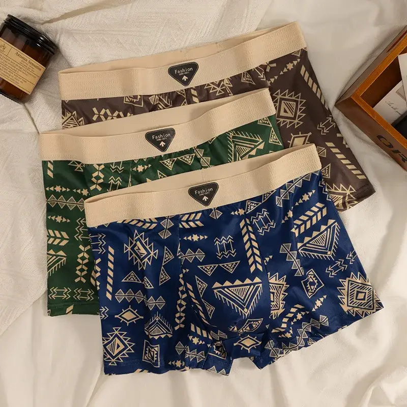 Men's Boxer Retro Ethnic Style Comfortable Smooth Fabric Briefs Vintage Print Elastic Underwear for Man Lingerie Flat Underpants