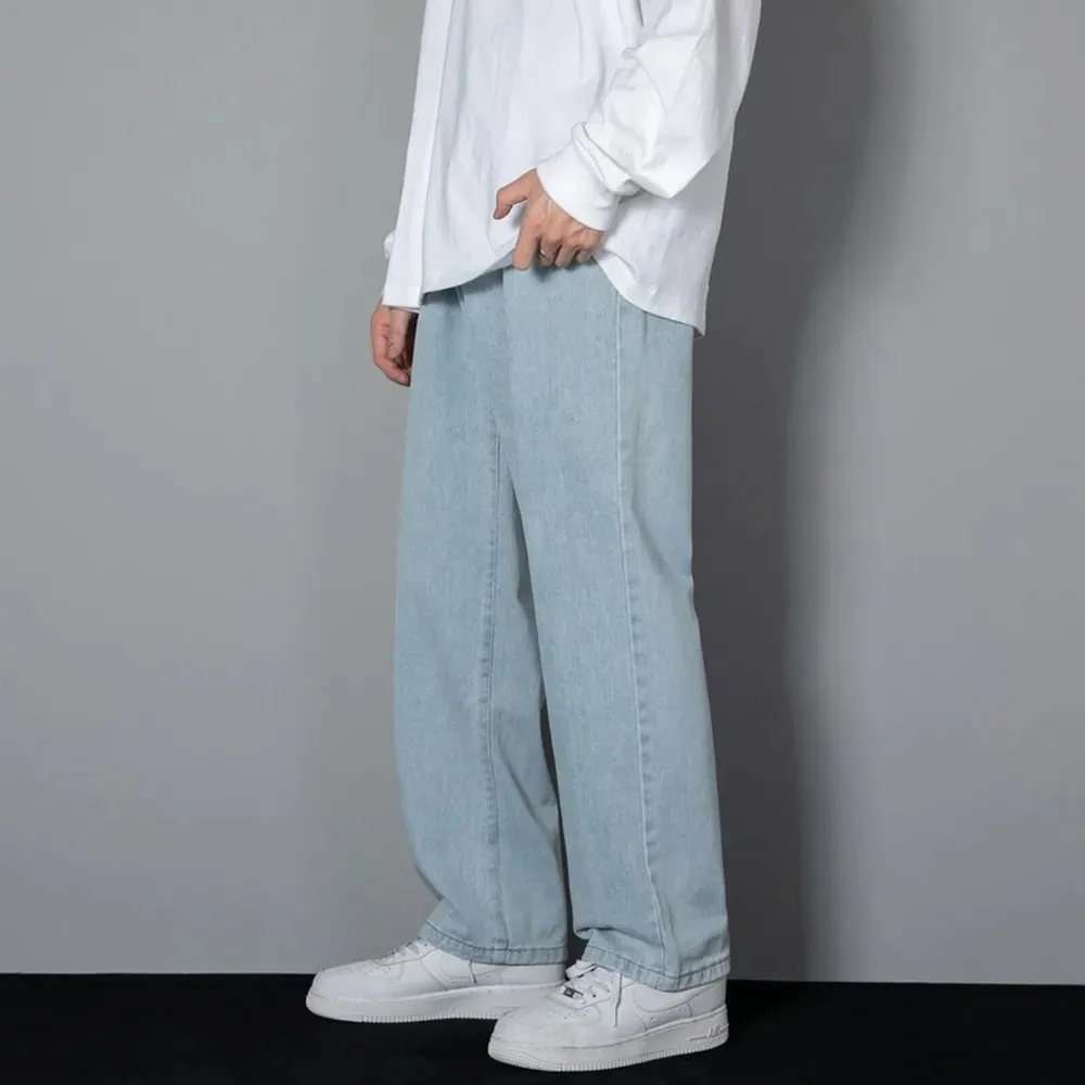 Korean Solid Colors Men's Casual Long Jeans Classic Man Four Seasons Straight Denim Wide-leg Pants Light Blue Grey Black 3XL