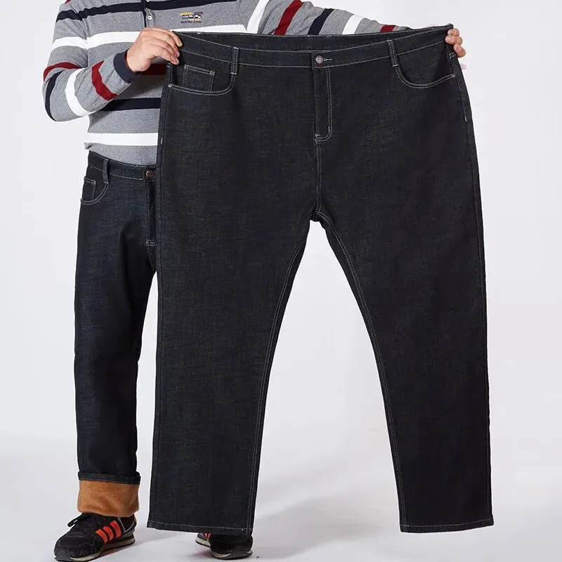 Homens plus size 10xl inverno quente de pelúcia jeans estiramento solto em linha reta calças jeans baggy para uso confortável oversize streetwear — image 2