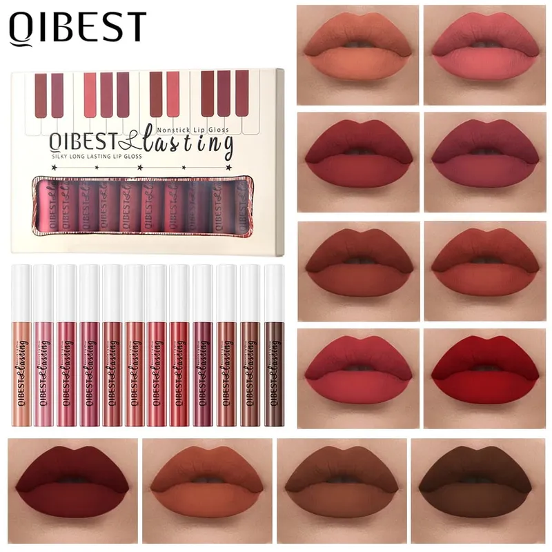 Conjunto de brilho labial fosco, 12 cores, à prova d'água, duradouro, batom líquido, veludo, nude, vermelho, matiz, nutrição, batom antiaderente