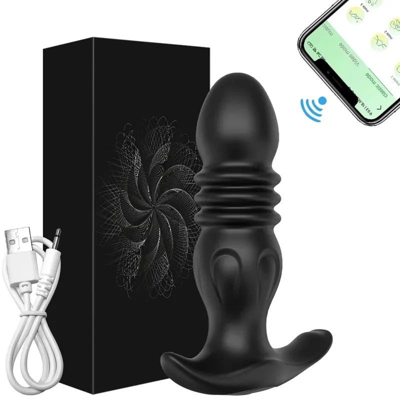 Empurrando Butt Plug para Homens Massageador de Próstata APP Vibrador Anal Telescópico Vibratório Anal Plug Estimulador de Próstata Brinquedo Sexual Homens
