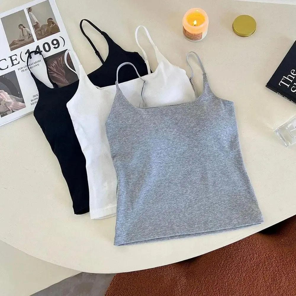 Básico sólido camis casual sem mangas cinta de espaguete colheita topo quadrado pescoço regatas com sutiã embutido y2k roupas femininas verão — image 4