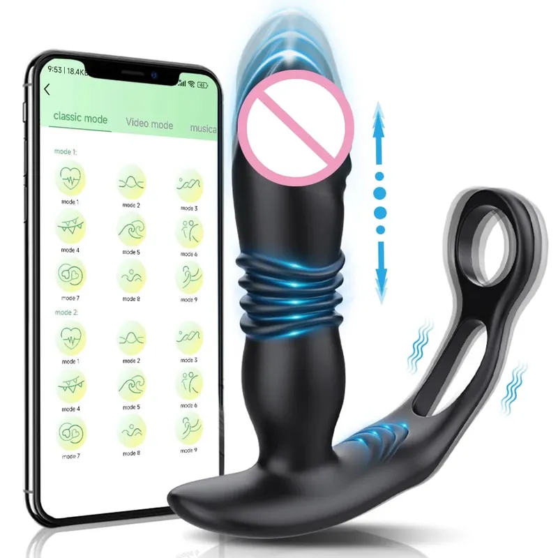 Empurrando Butt Plug para Homens Massageador de Próstata APP Vibrador Anal Telescópico Vibratório Anal Plug Estimulador de Próstata Brinquedo Sexual Homens